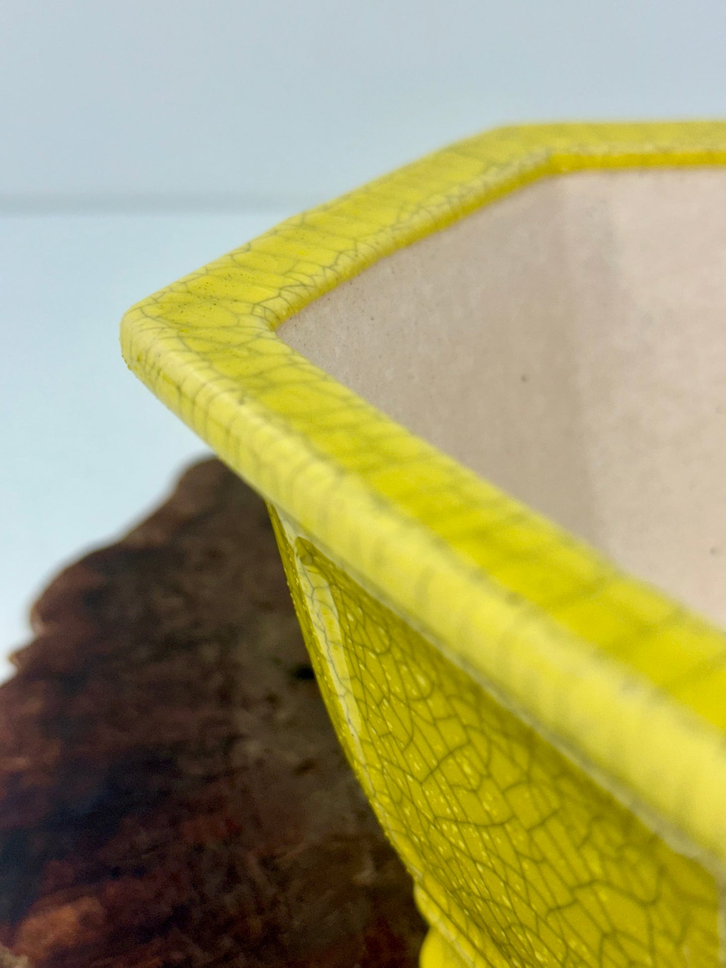 Chinese Yixing Bonsai Pot | Hexagon Yellow Crackled / Inked Glaze – 21 cm