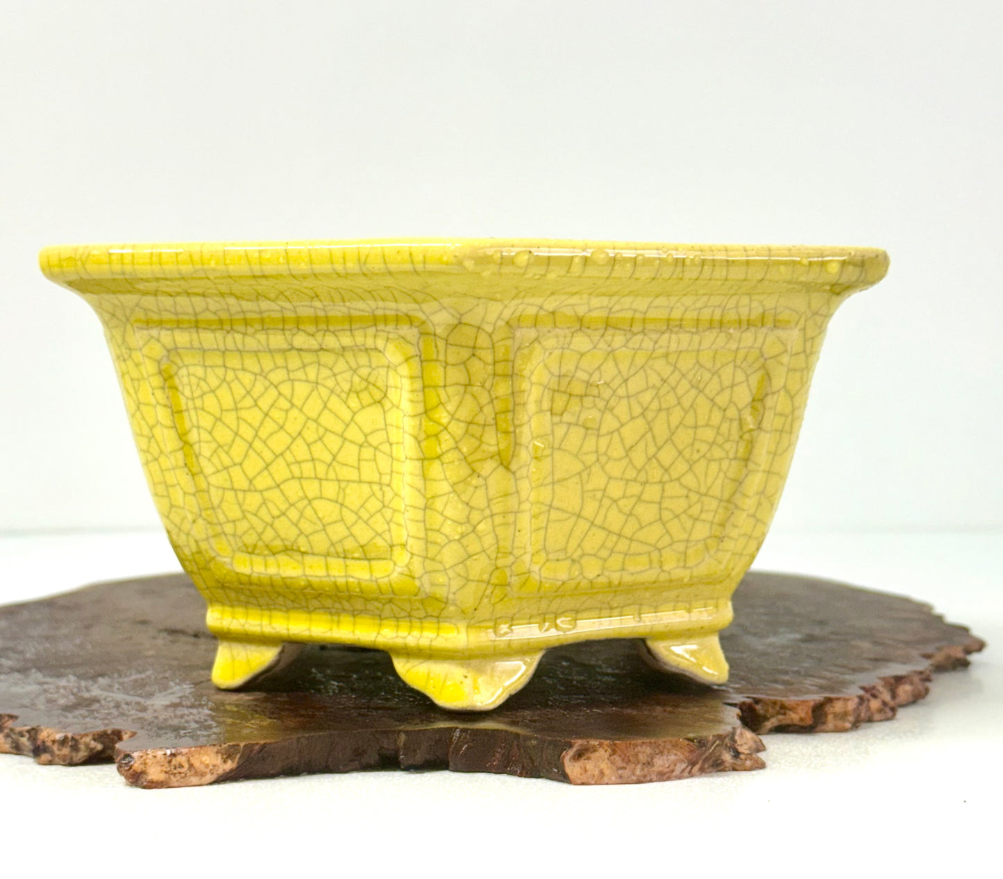 Chinese Yixing Bonsai Pot | Hexagon Yellow Crackled / Inked Glaze – 21 cm