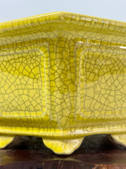 Chinese Yixing Bonsai Pot | Hexagon Yellow Crackled / Inked Glaze – 21 cm