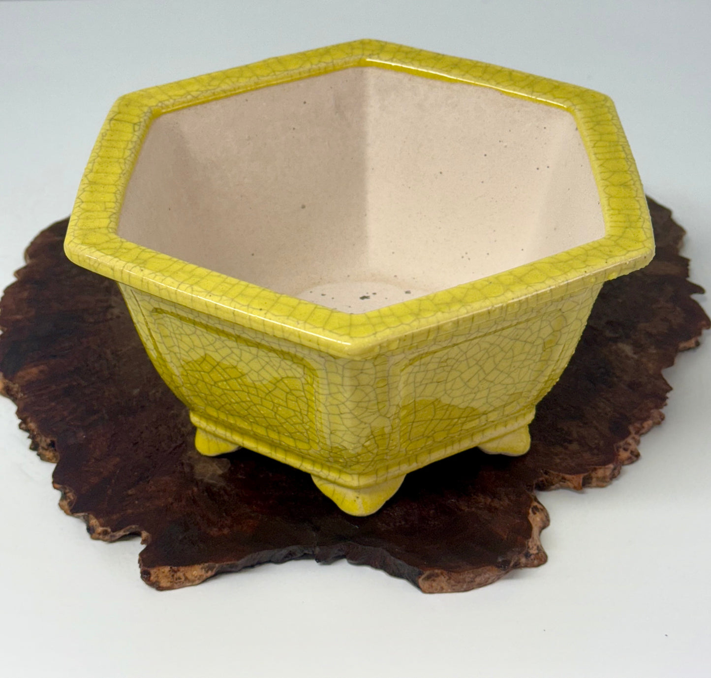 Chinese Yixing Bonsai Pot | Hexagon Yellow Crackled / Inked Glaze – 21 cm