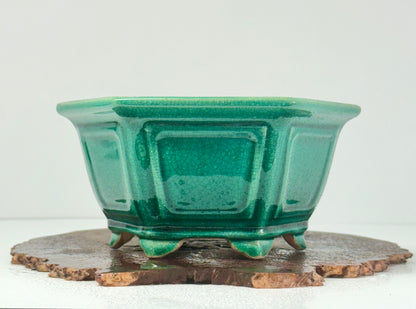 Chinese Yixing Bonsai Pot | Hexagon Green Crackled / Inked Glaze – 21 cm