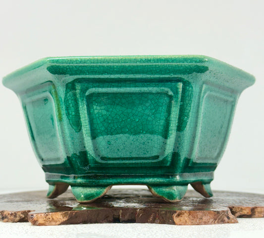 Chinese Yixing Bonsai Pot | Hexagon Green Crackled / Inked Glaze – 21 cm