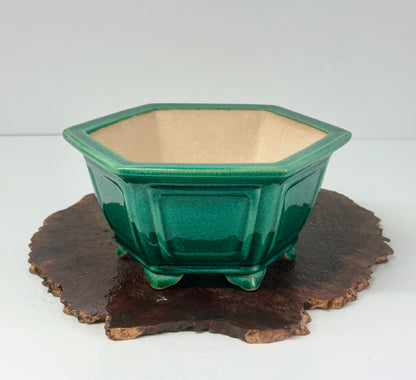 Chinese Yixing Bonsai Pot | Hexagon Green Crackled / Inked Glaze – 21 cm