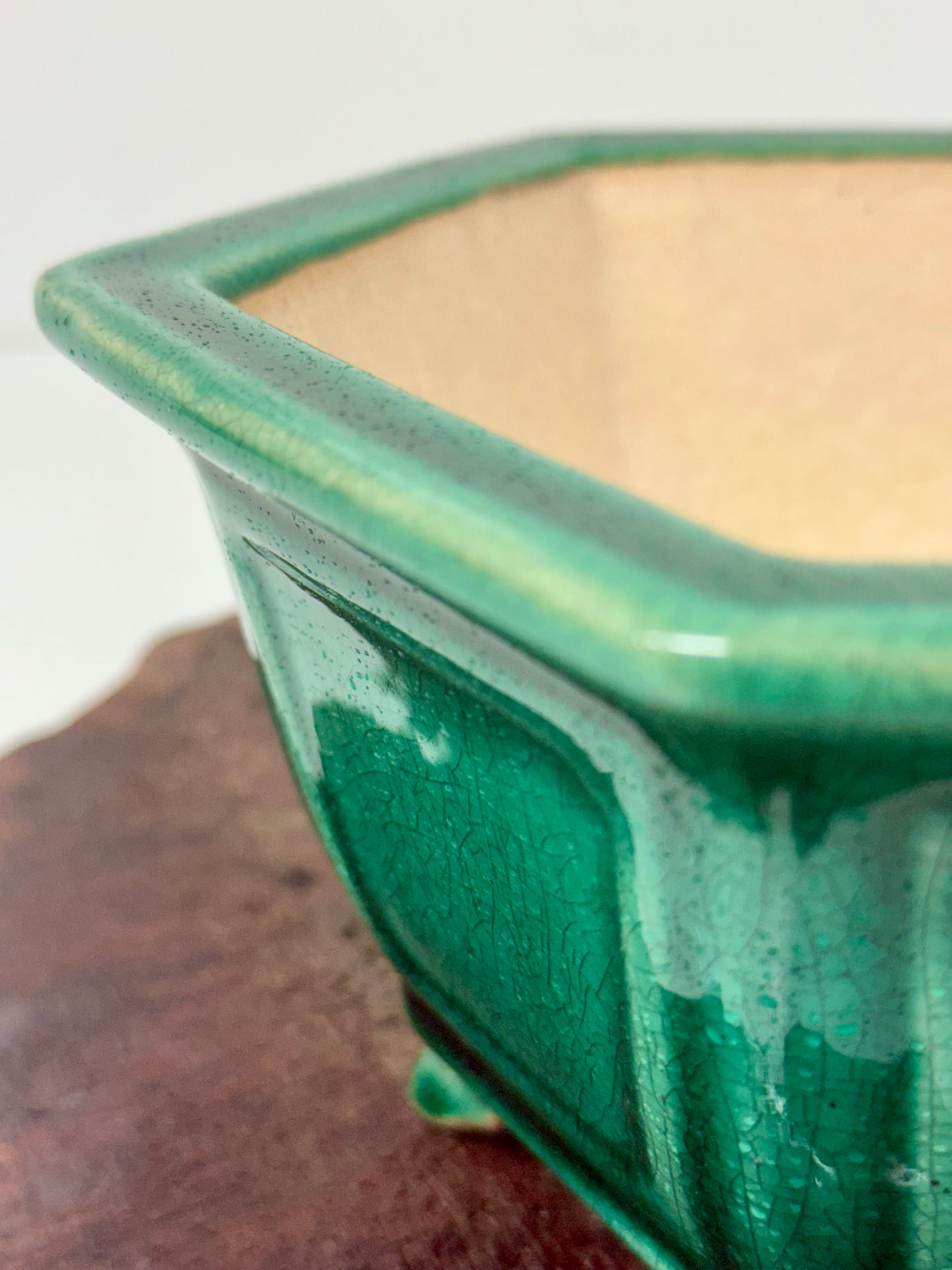 Chinese Yixing Bonsai Pot | Hexagon Green Crackled / Inked Glaze – 21 cm