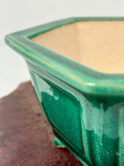 Chinese Yixing Bonsai Pot | Hexagon Green Crackled / Inked Glaze – 21 cm