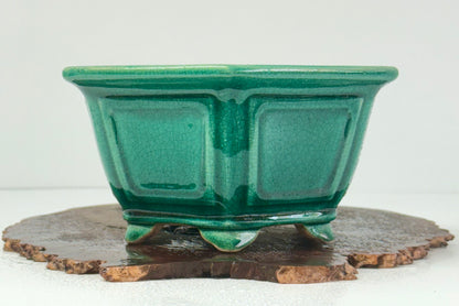 Chinese Yixing Bonsai Pot | Hexagon Green Crackled / Inked Glaze – 21 cm