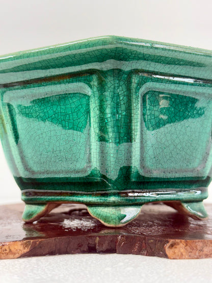 Chinese Yixing Bonsai Pot | Hexagon Green Crackled / Inked Glaze – 21 cm