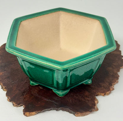 Chinese Yixing Bonsai Pot | Hexagon Green Crackled / Inked Glaze – 21 cm
