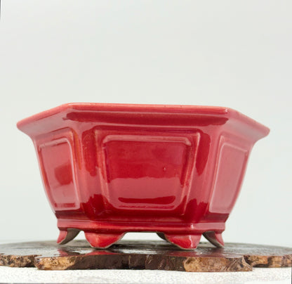 Chinese Yixing Bonsai Pot | Hexagon Red Glaze – 21 cm