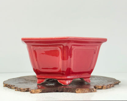 Chinese Yixing Bonsai Pot | Hexagon Red Glaze – 21 cm