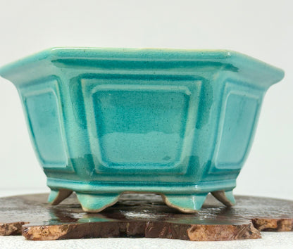 Chinese Yixing Bonsai Pot | Hexagon Turquoise Glaze – 21 cm