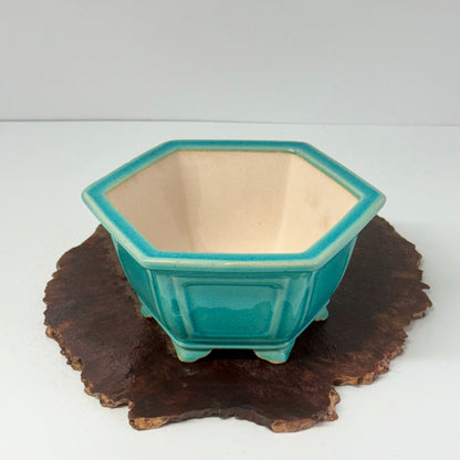 Chinese Yixing Bonsai Pot | Hexagon Turquoise Glaze – 21 cm