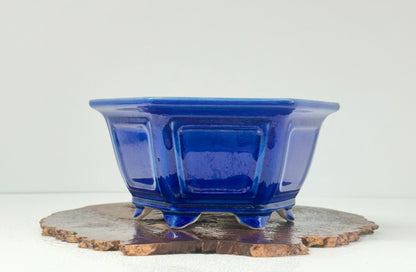 Chinese Yixing Bonsai Pot | Hexagon Dark Blue Glaze – 21 cm