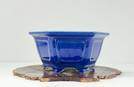 Chinese Yixing Bonsai Pot | Hexagon Dark Blue Glaze – 21 cm