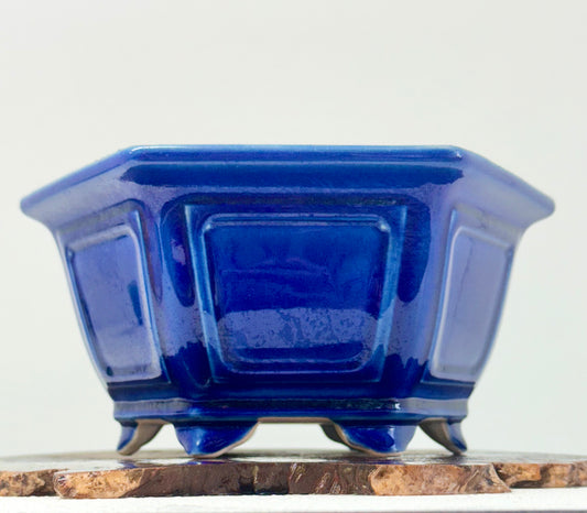 Chinese Yixing Bonsai Pot | Hexagon Dark Blue Glaze – 21 cm