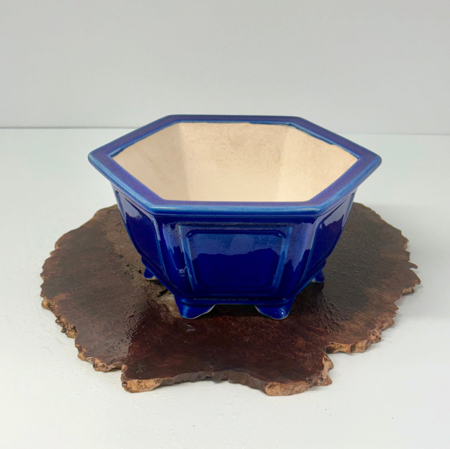 Chinese Yixing Bonsai Pot | Hexagon Dark Blue Glaze – 21 cm