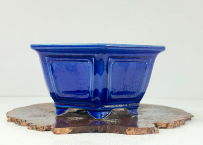 Chinese Yixing Bonsai Pot | Hexagon Dark Blue Glaze – 21 cm