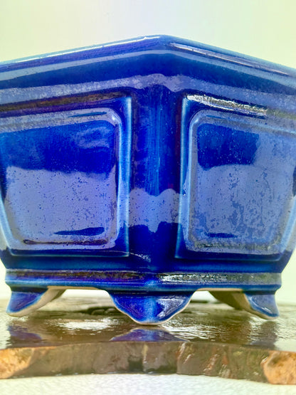 Chinese Yixing Bonsai Pot | Hexagon Dark Blue Glaze – 21 cm