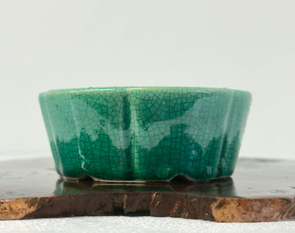 Chinese Yixing Bonsai Pot | Lotus Crackled / Inked Green Glaze – 11 cm