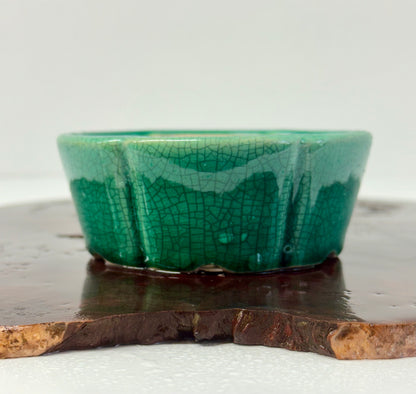 Chinese Yixing Bonsai Pot | Lotus Crackled / Inked Green Glaze – 11 cm