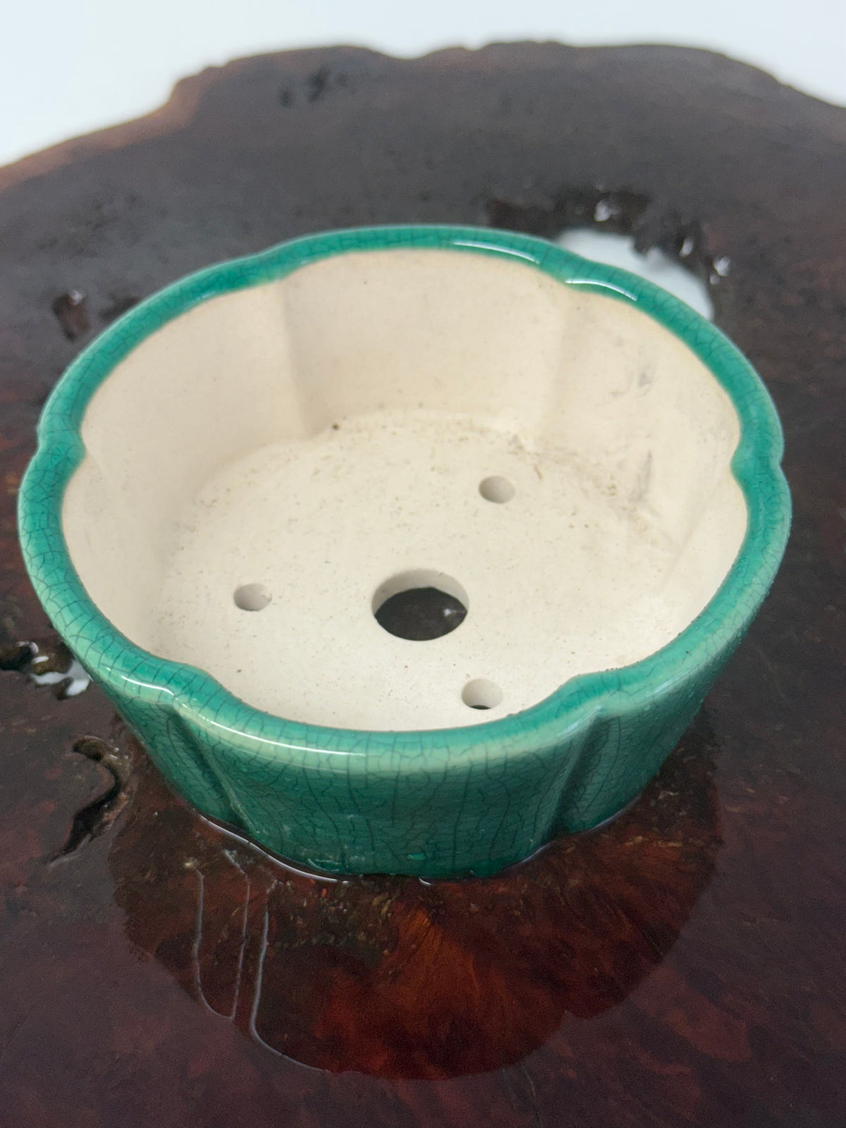 Chinese Yixing Bonsai Pot | Lotus Crackled / Inked Green Glaze – 11 cm