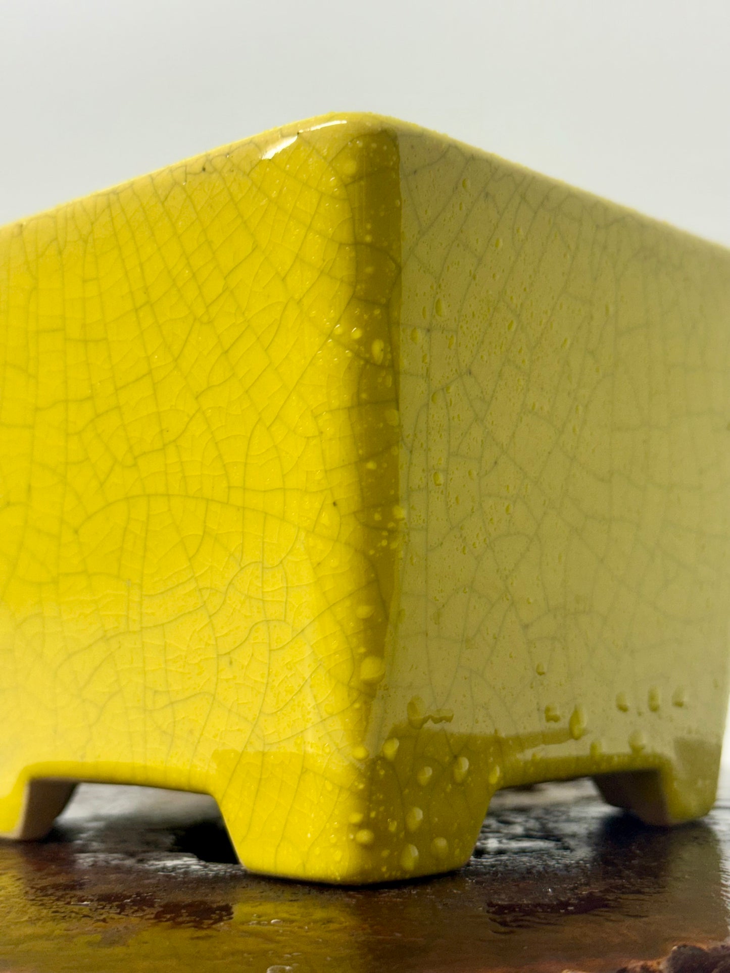 Chinese Yixing Bonsai Pot | Square Yellow Crackled / Inked Glaze – 13.5 cm
