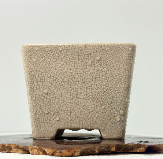 Chinese Yixing Bonsai Pot | Square Cream Crackled / Inked Glaze – 13.5 cm