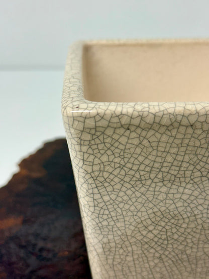 Chinese Yixing Bonsai Pot | Square Cream Crackled / Inked Glaze – 13.5 cm