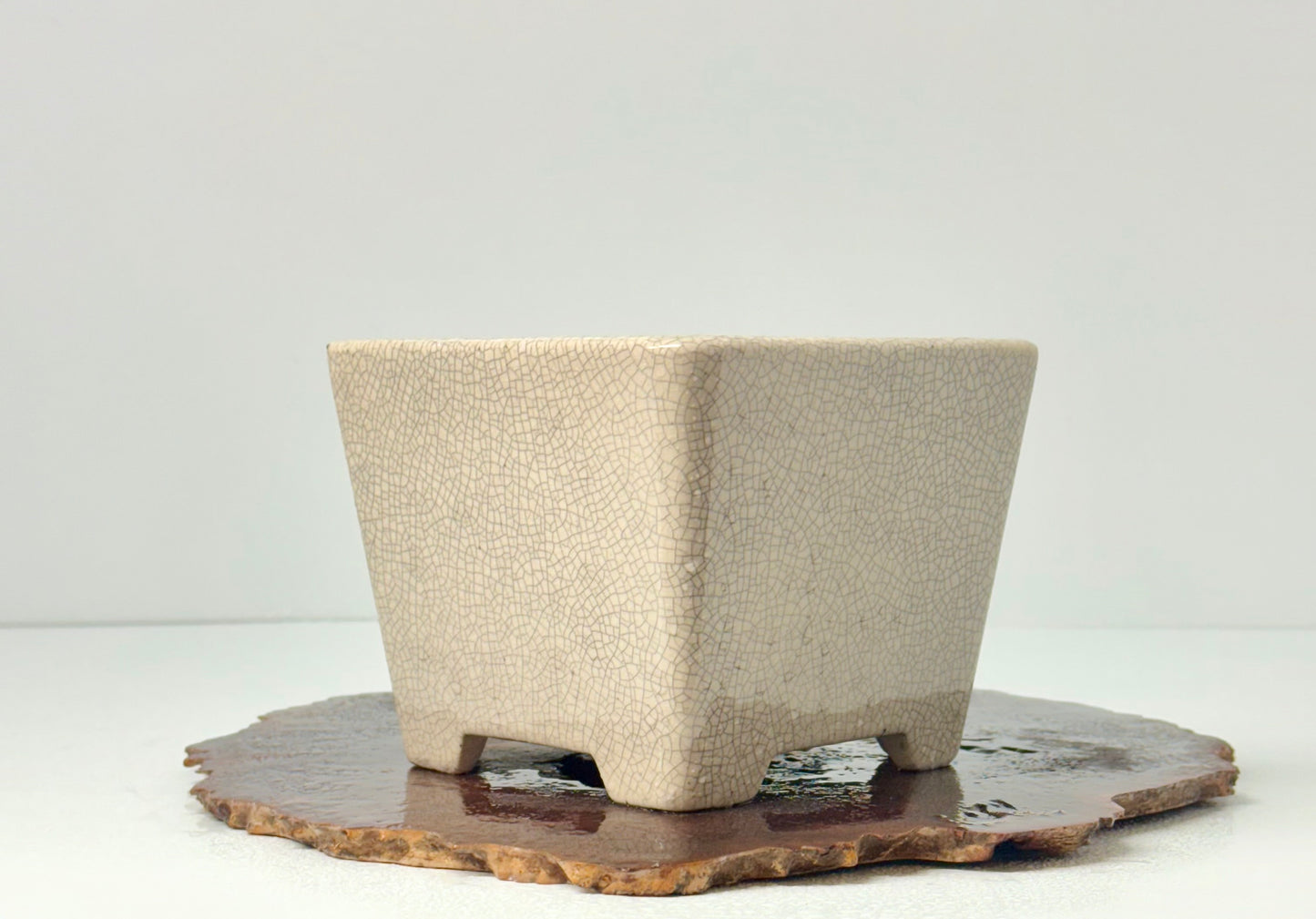 Chinese Yixing Bonsai Pot | Square Cream Crackled / Inked Glaze – 13.5 cm