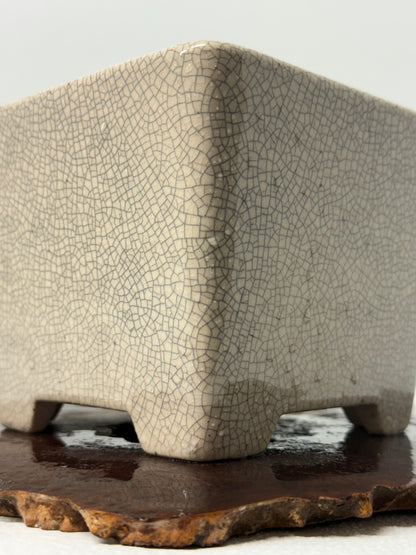Chinese Yixing Bonsai Pot | Square Cream Crackled / Inked Glaze – 13.5 cm