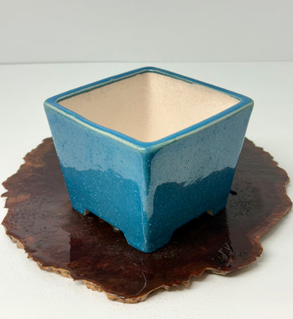 Chinese Yixing Bonsai Pot | Square Blue Glaze – 13.5 cm