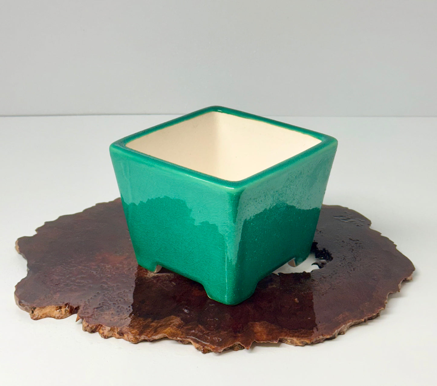 Chinese Yixing Bonsai Pot | Square Green Glaze – 13.5 cm