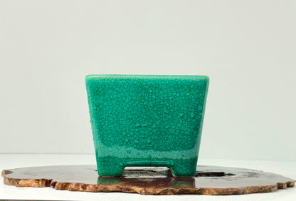 Chinese Yixing Bonsai Pot | Square Green Crackled / Inked Glaze – 13.5 cm