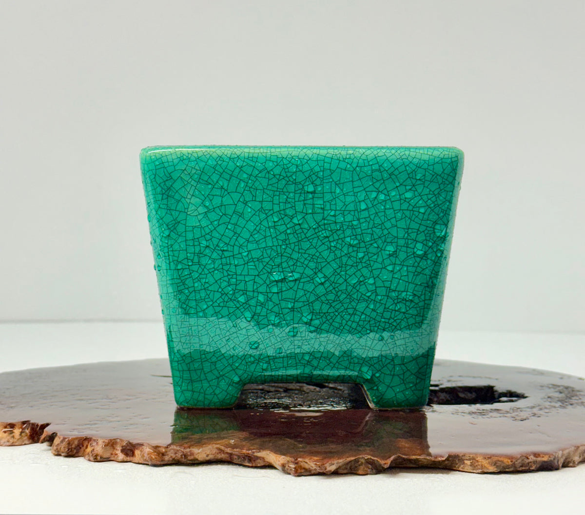 Chinese Yixing Bonsai Pot | Square Green Crackled / Inked Glaze – 13.5 cm