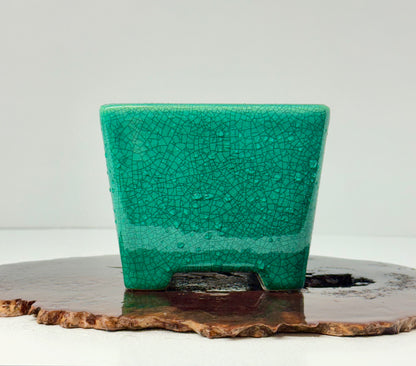 Chinese Yixing Bonsai Pot | Square Green Crackled / Inked Glaze – 13.5 cm