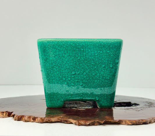 Chinese Yixing Bonsai Pot | Square Green Crackled / Inked Glaze – 13.5 cm