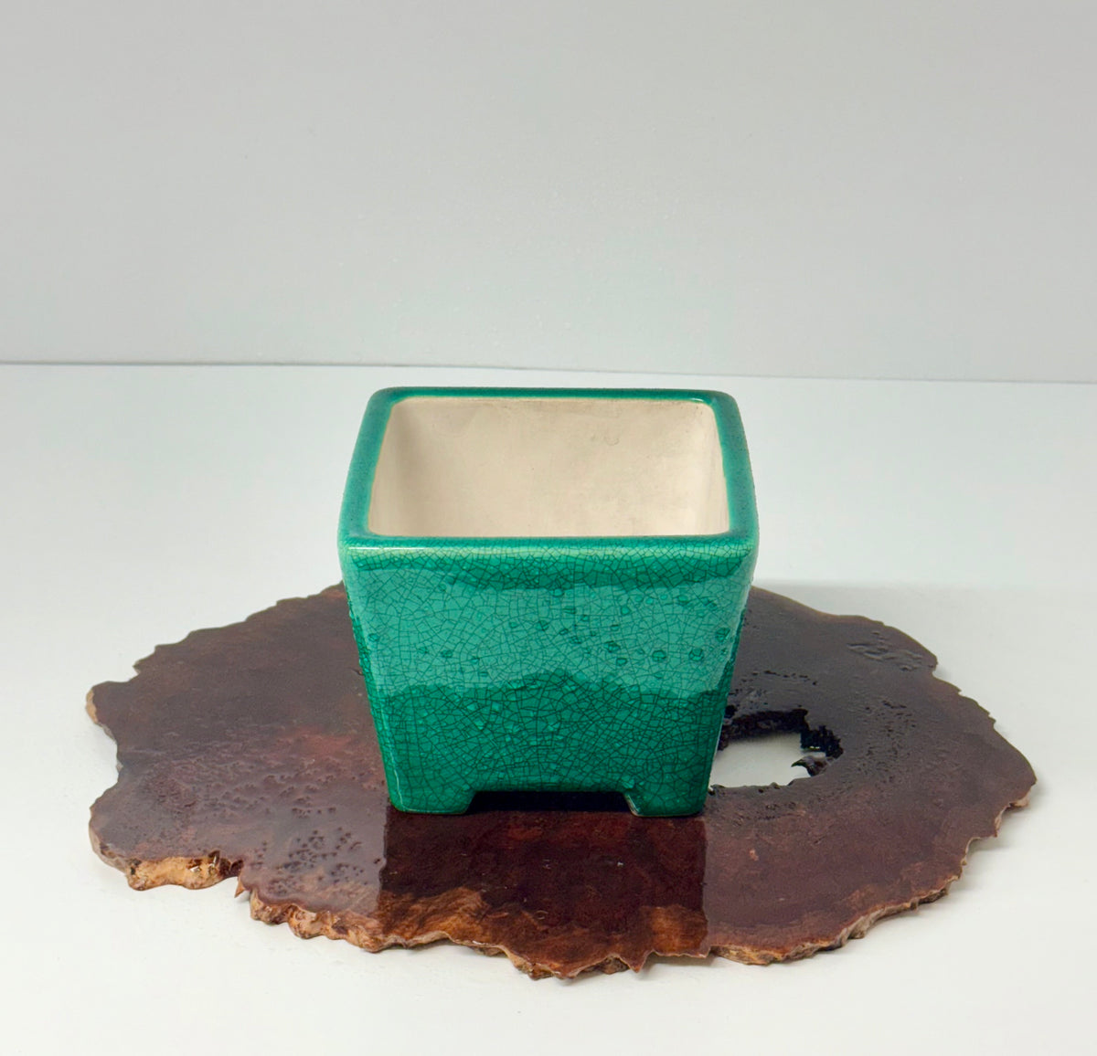 Chinese Yixing Bonsai Pot | Square Green Crackled / Inked Glaze – 13.5 cm