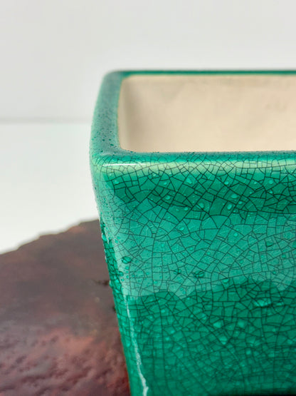 Chinese Yixing Bonsai Pot | Square Green Crackled / Inked Glaze – 13.5 cm