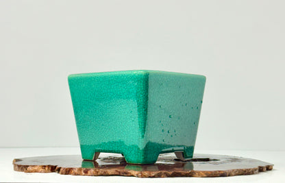 Chinese Yixing Bonsai Pot | Square Green Crackled / Inked Glaze – 13.5 cm