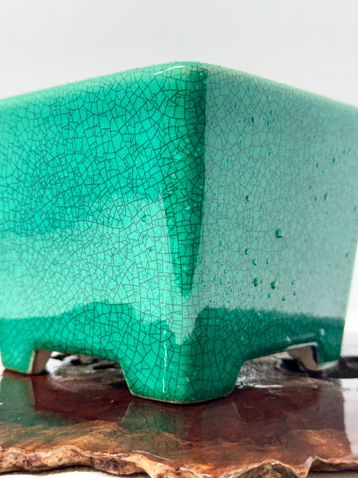 Chinese Yixing Bonsai Pot | Square Green Crackled / Inked Glaze – 13.5 cm