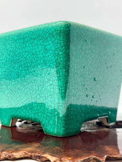 Chinese Yixing Bonsai Pot | Square Green Crackled / Inked Glaze – 13.5 cm