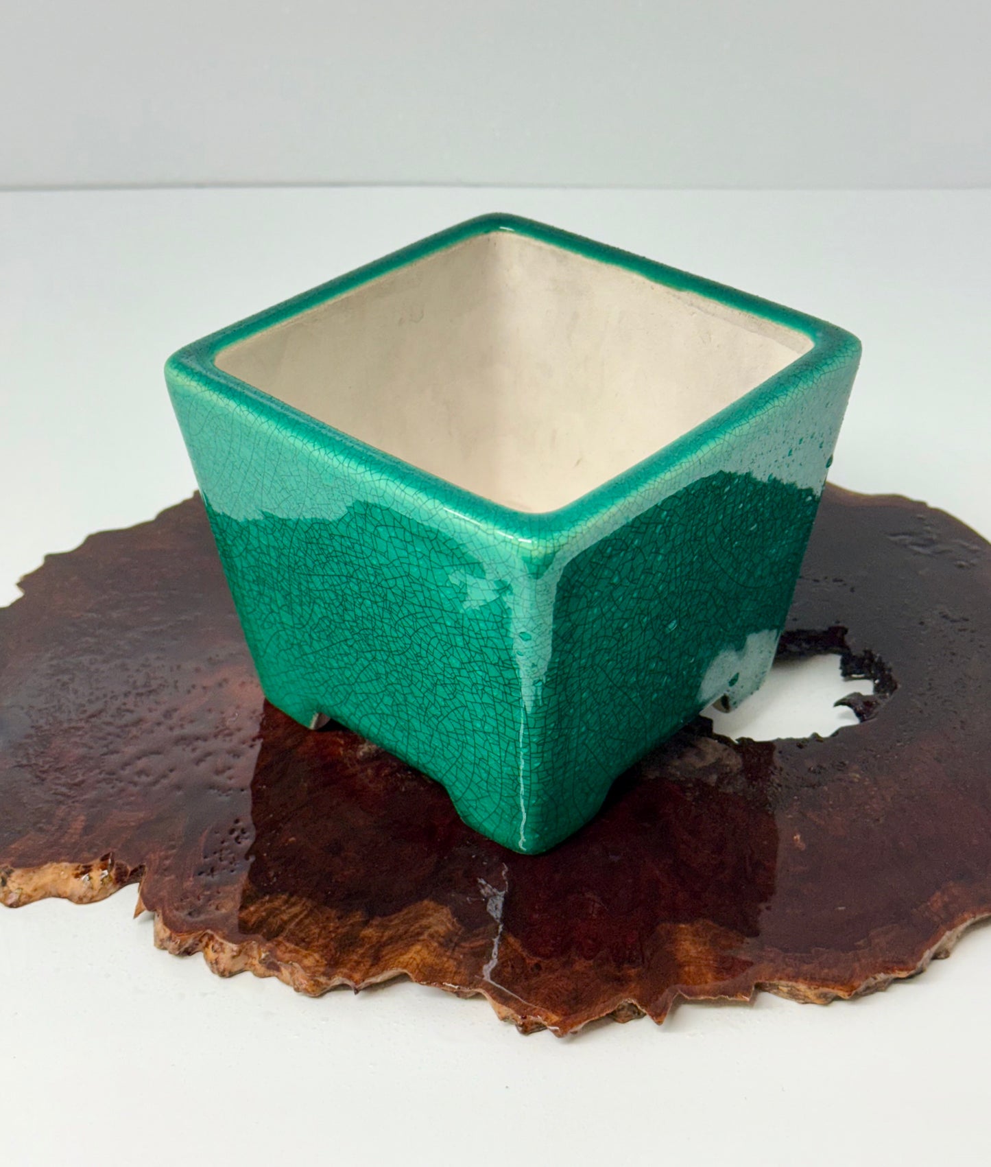 Chinese Yixing Bonsai Pot | Square Green Crackled / Inked Glaze – 13.5 cm
