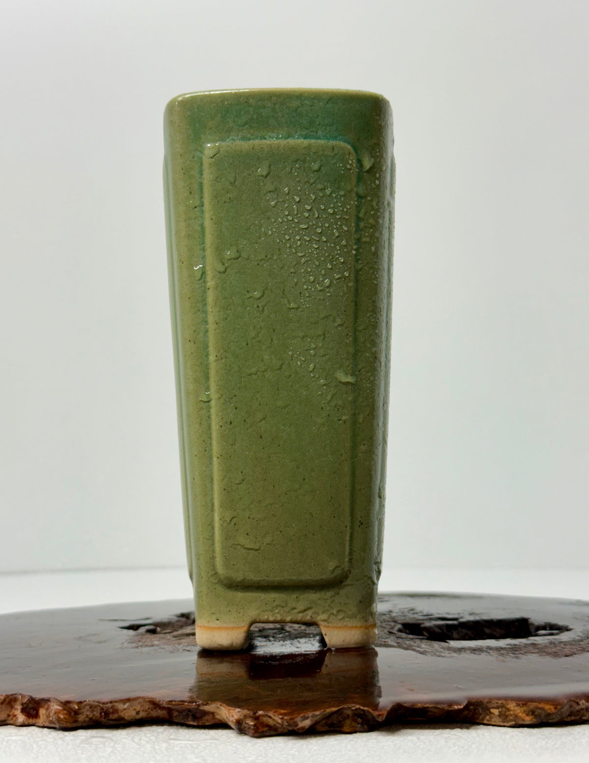 Chinese Yixing Bonsai Pot | Tall Square Cascade Green Glaze – 8.5cm