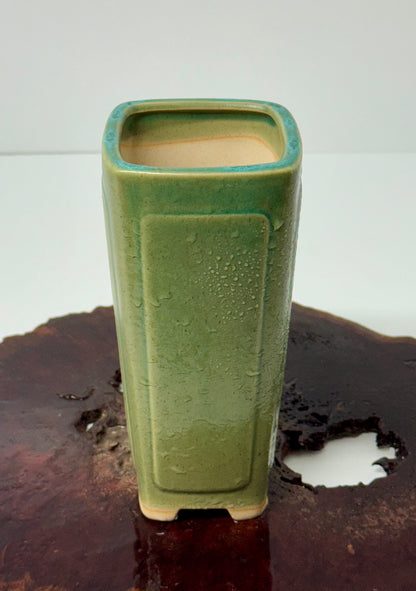 Chinese Yixing Bonsai Pot | Tall Square Cascade Green Glaze – 8.5cm