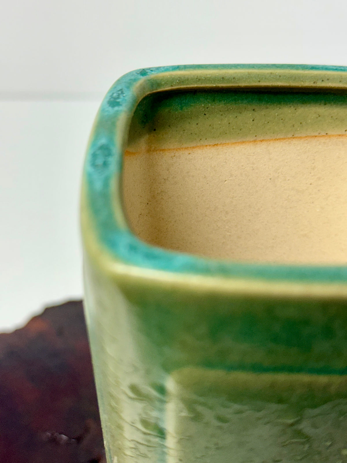 Chinese Yixing Bonsai Pot | Tall Square Cascade Green Glaze – 8.5cm