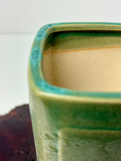 Chinese Yixing Bonsai Pot | Tall Square Cascade Green Glaze – 8.5cm
