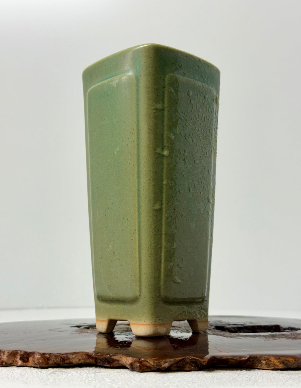 Chinese Yixing Bonsai Pot | Tall Square Cascade Green Glaze – 8.5cm