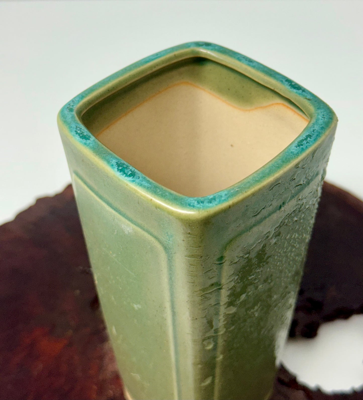 Chinese Yixing Bonsai Pot | Tall Square Cascade Green Glaze – 8.5cm